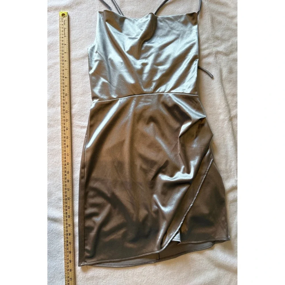 Slinky Sexy Party Speechless Silver Satin Lace Up Back Mini Dress Women's Medium
